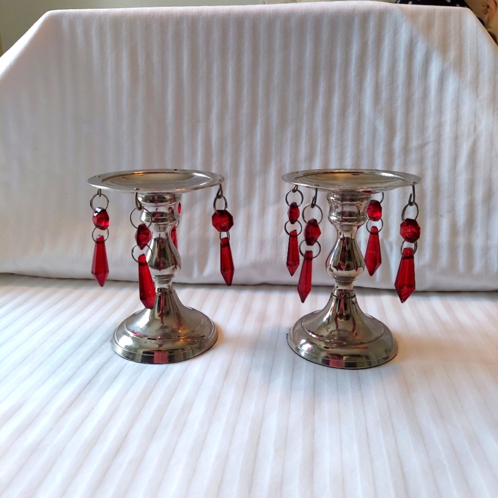 Candle holders with burgundy crystals 6" tall